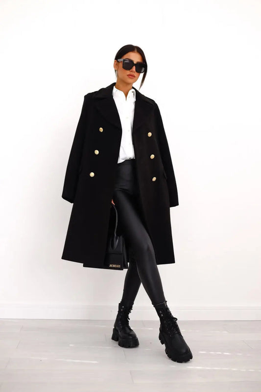 Iris Gold Button Double Breasted Military Flare Long Coat - Black