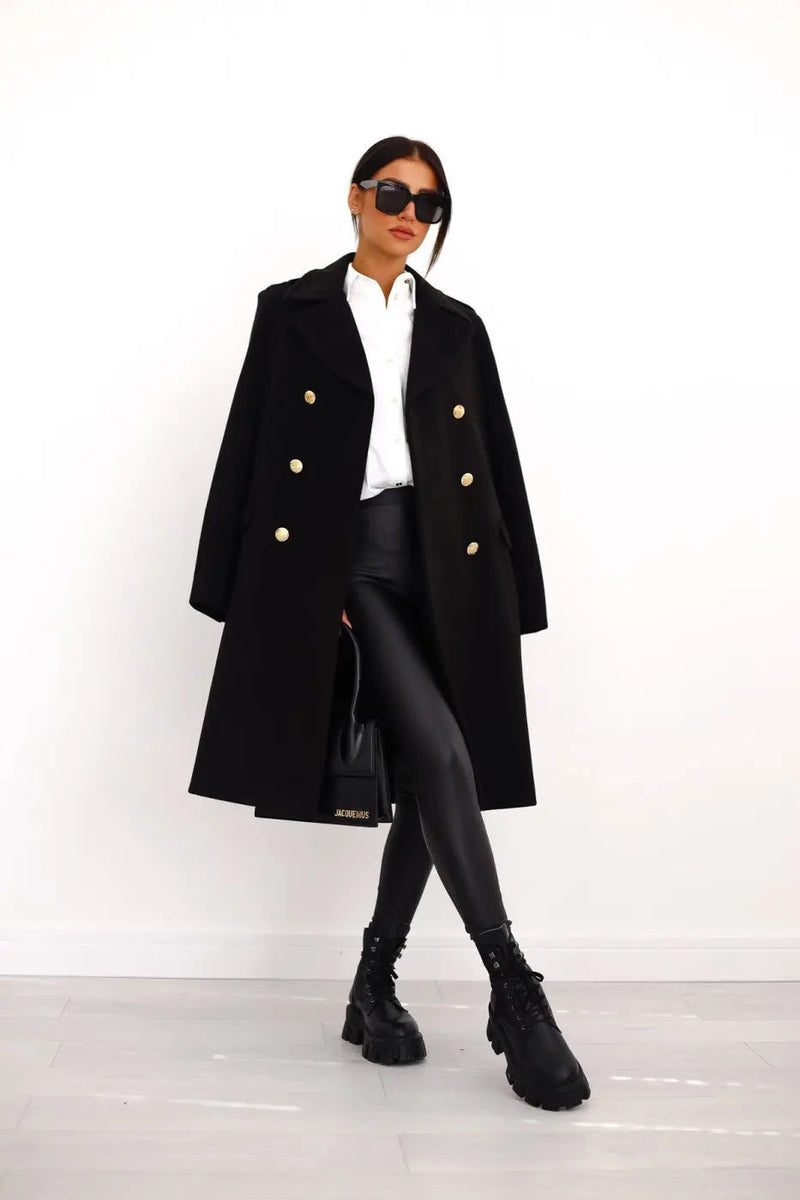 Iris Gold Button Double Breasted Military Flare Long Coat