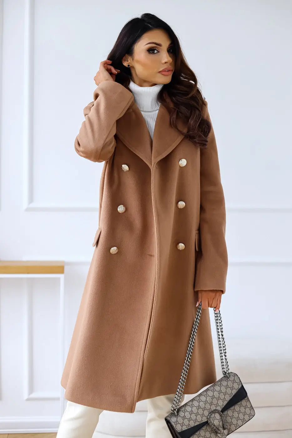 Iris Gold Button Double Breasted Military Flare Long Coat - Brown