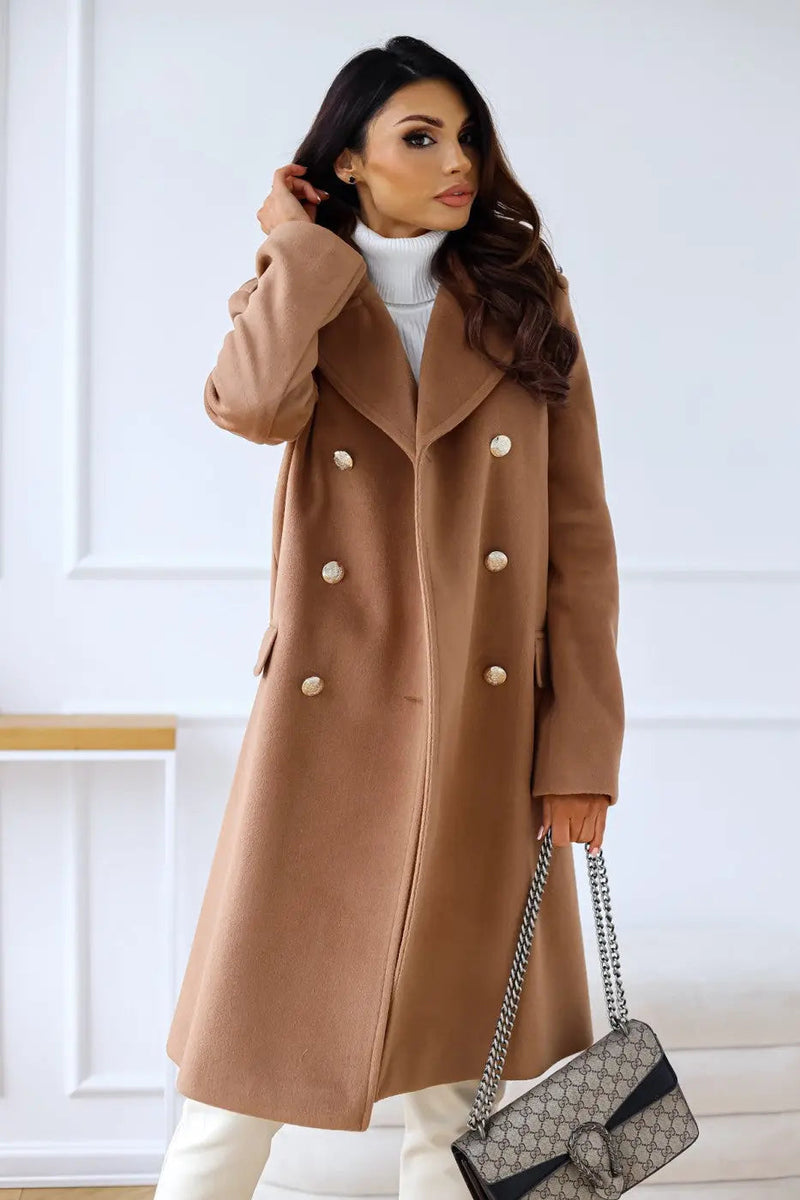 Iris Gold Button Double Breasted Military Flare Long Coat