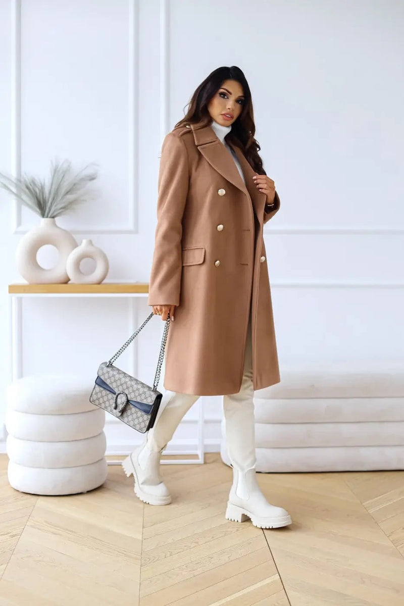 Iris Gold Button Double Breasted Military Flare Long Coat