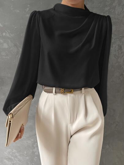 Danielle Draped Cowl Neck Puff Shoulder Satin Occasion Blouse - Black