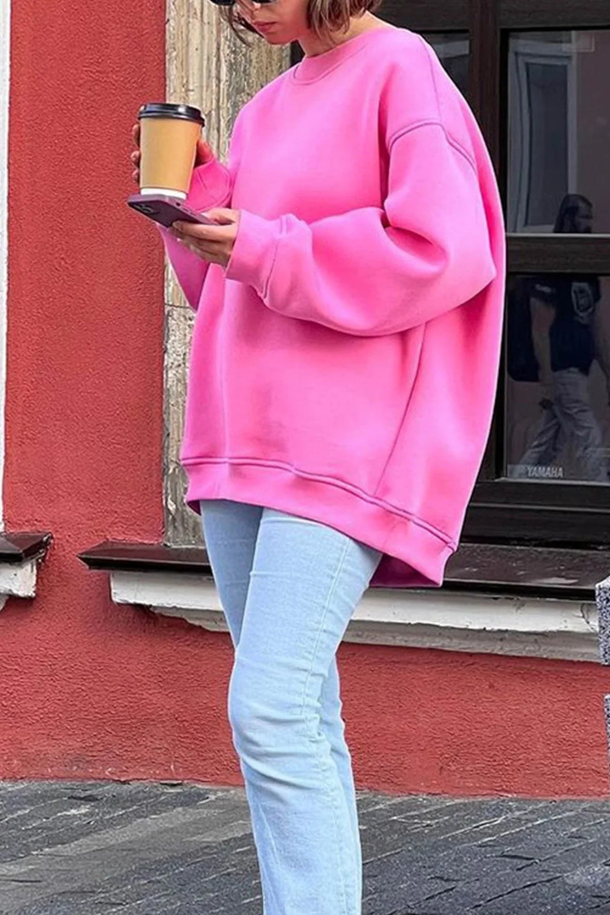 Pippa Oversized Drop Shoulder Brushed Crew Neck Sweatshirt - Pink