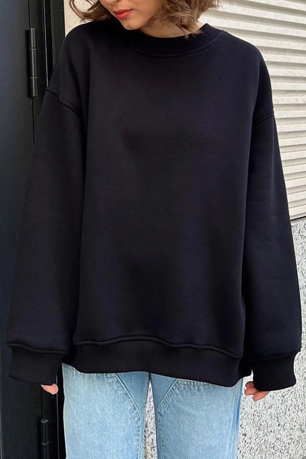 Pippa Oversized Drop Shoulder Brushed Crew Neck Sweatshirt - Black