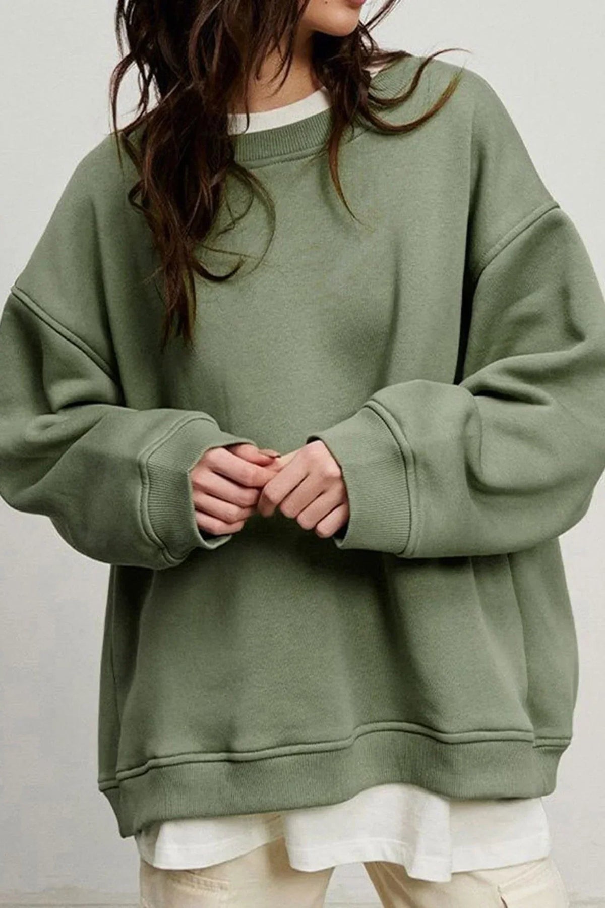 Pippa Oversized Drop Shoulder Brushed Crew Neck Sweatshirt - Green