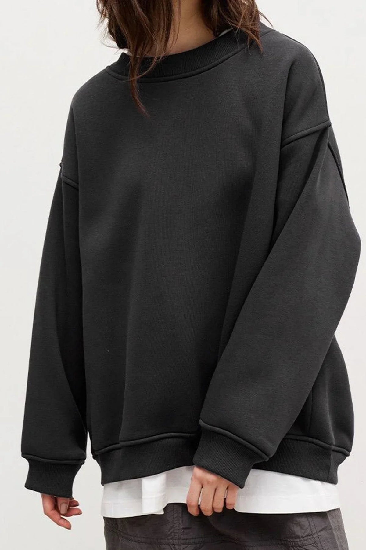 Pippa Oversized Drop Shoulder Brushed Crew Neck Sweatshirt - Dark Grey