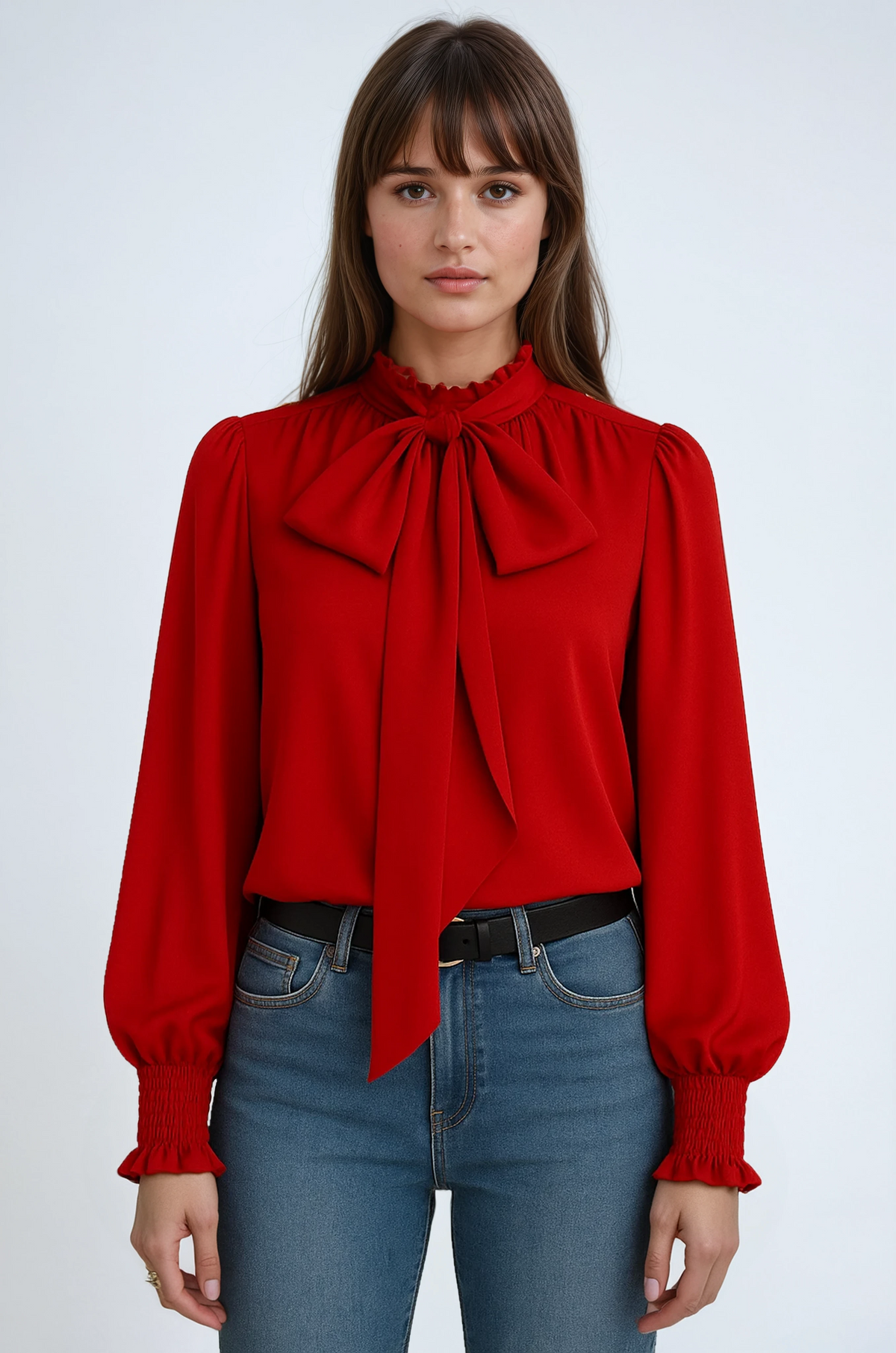Yvonne Pussy Bow Tie Neck Blouson Sleeve Keyhole Back Blouse - Red