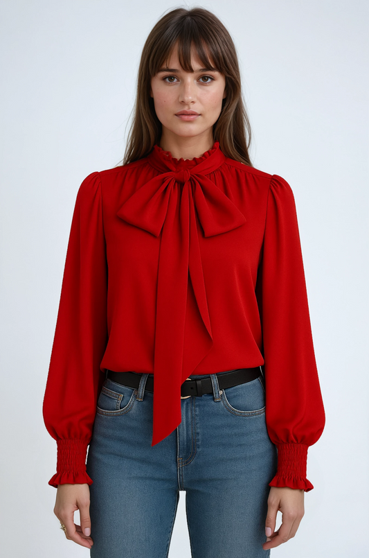 Yvonne Pussy Bow Tie Neck Blouson Sleeve Keyhole Back Blouse - Red