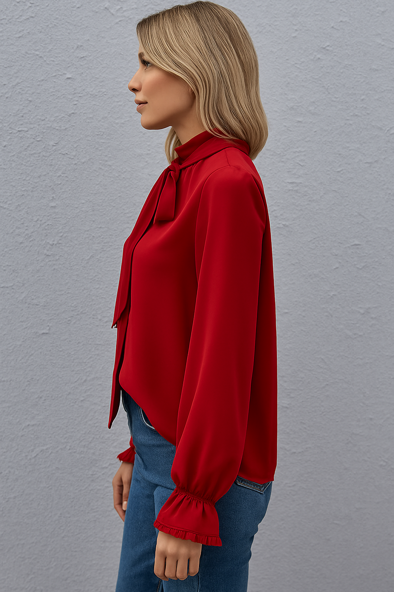 Yvonne Pussy Bow Tie Neck Blouson Sleeve Keyhole Back Blouse