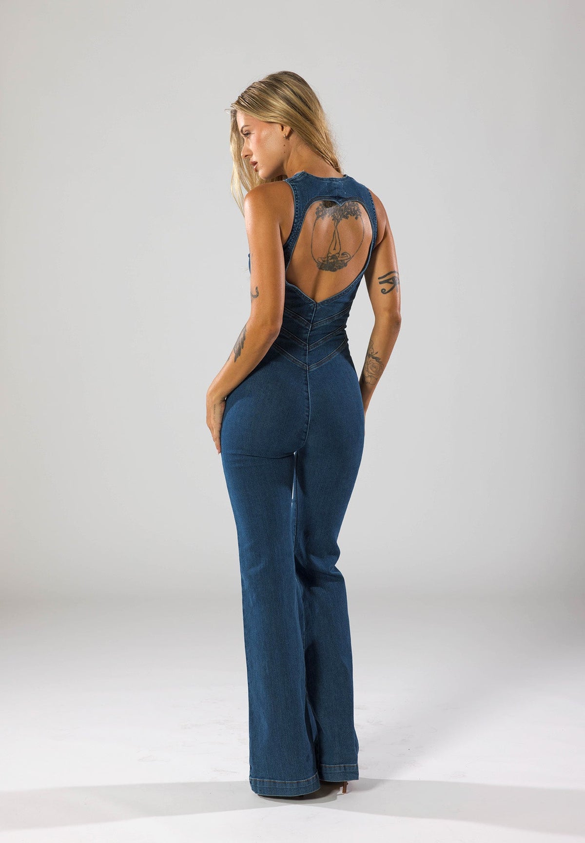 Harriet Plunge Neck Heart Cut Out Back Flared Denim Jumpsuit