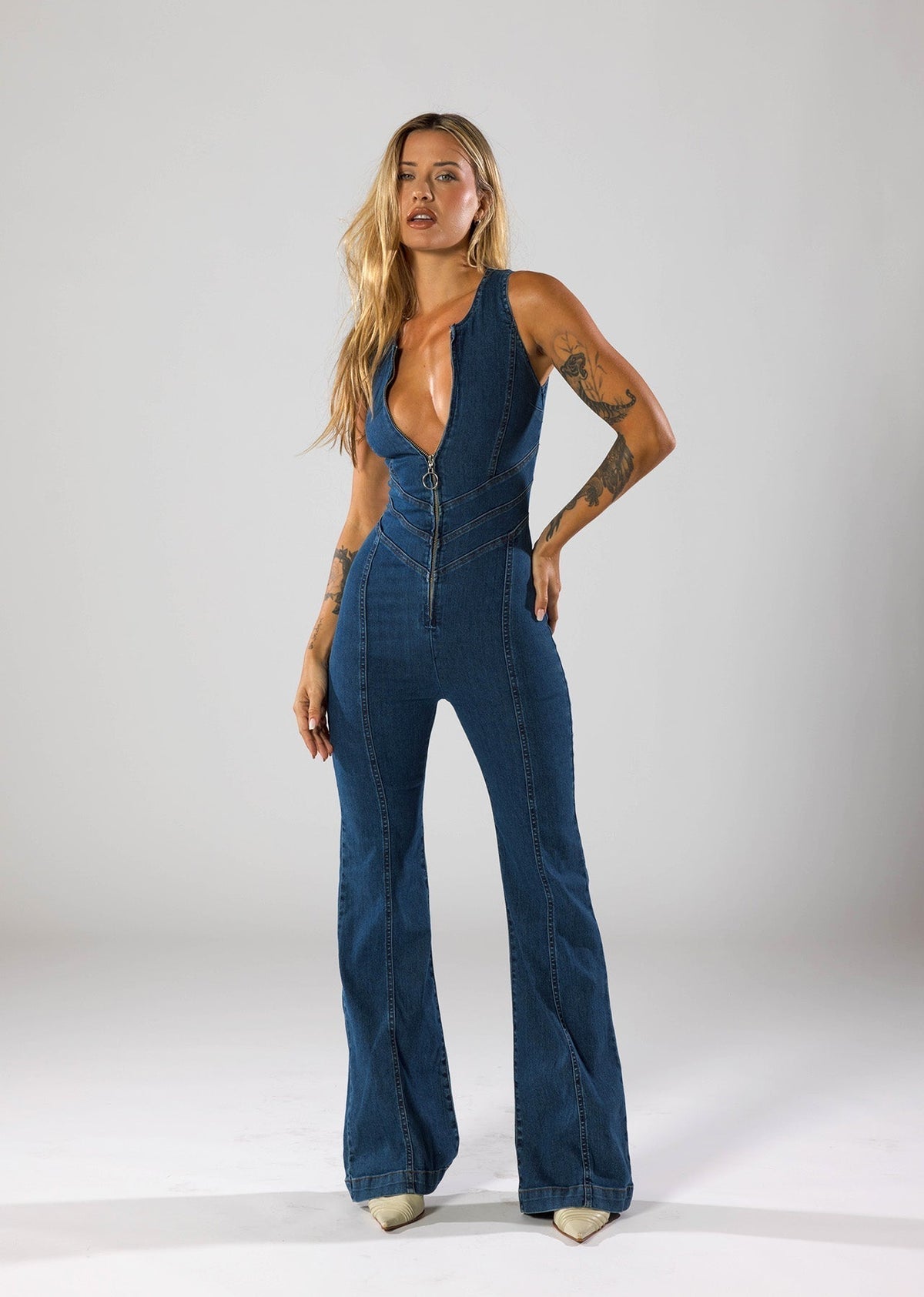 Harriet Plunge Neck Heart Cut Out Back Flared Denim Jumpsuit