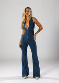 Harriet Plunge Neck Heart Cut Out Back Flared Denim Jumpsuit