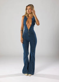 Harriet Plunge Neck Heart Cut Out Back Flared Denim Jumpsuit