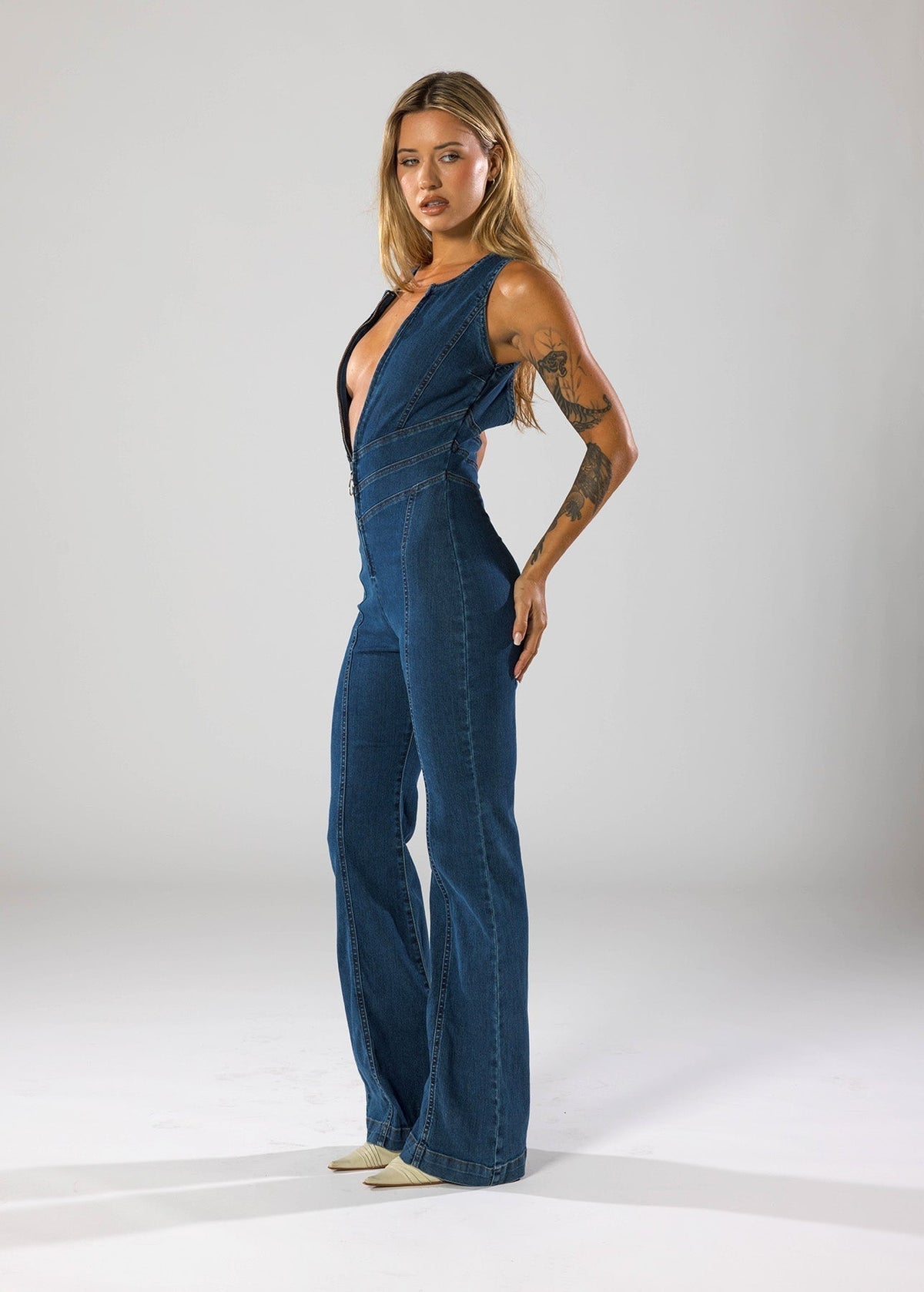 Harriet Plunge Neck Heart Cut Out Back Flared Denim Jumpsuit