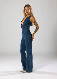 Harriet Plunge Neck Heart Cut Out Back Flared Denim Jumpsuit