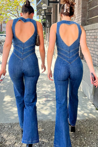 Harriet Plunge Neck Heart Cut Out Back Flared Denim Jumpsuit