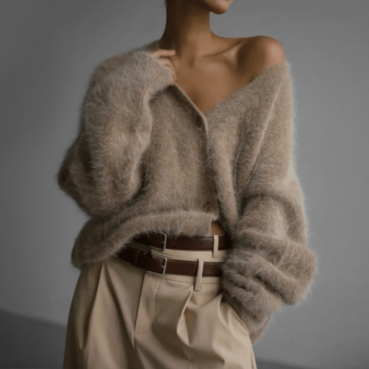 Undine Brushed Halo Knit V Neck Slouch Button Cardigan - Coffee