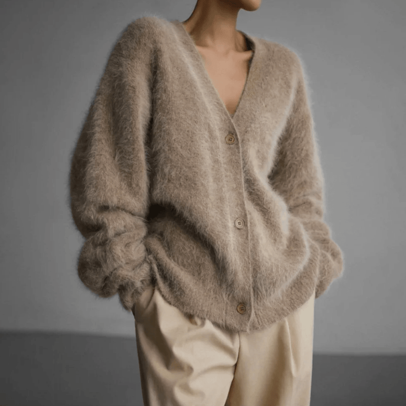 Undine Brushed Halo Knit V Neck Slouch Button Cardigan