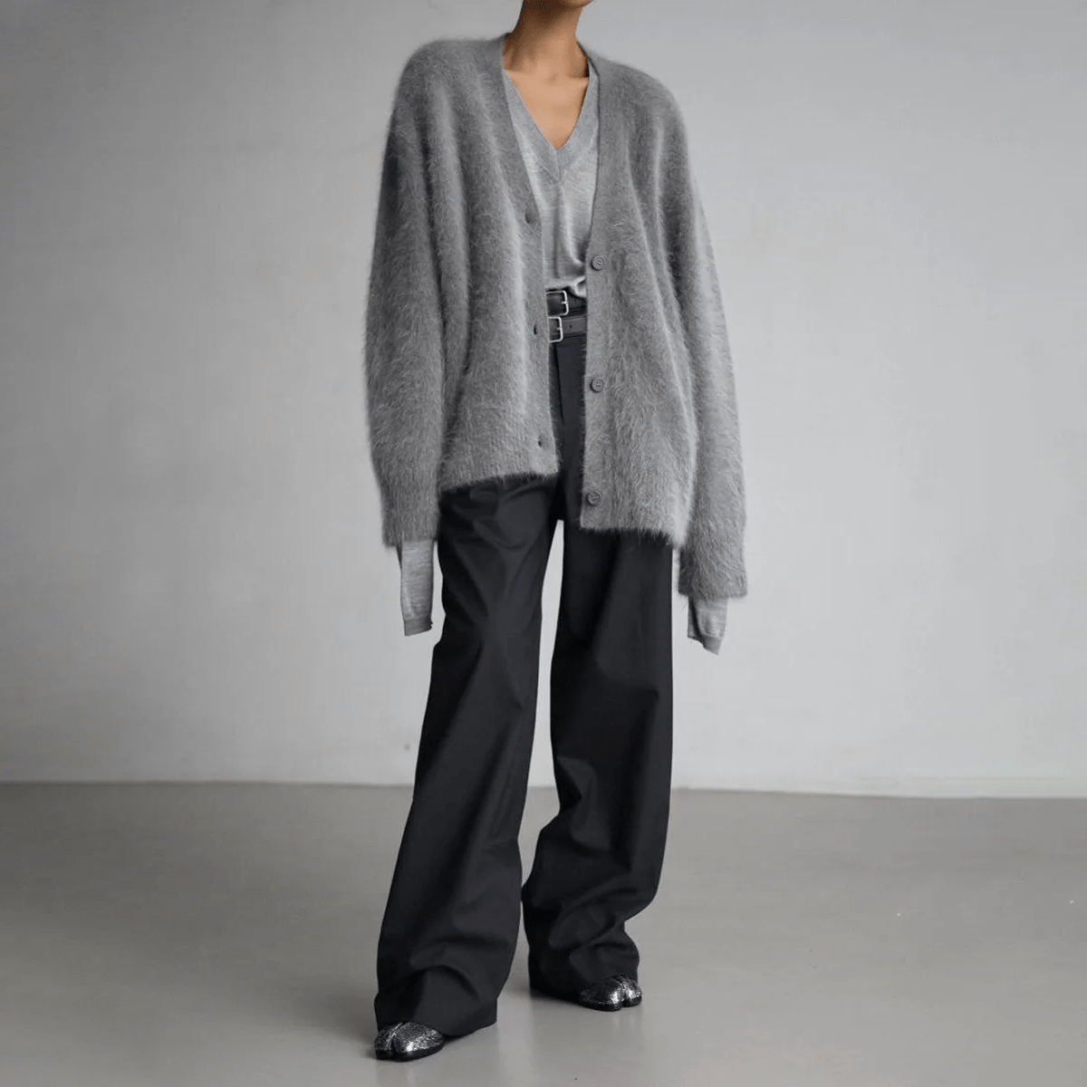 Undine Brushed Halo Knit V Neck Slouch Button Cardigan