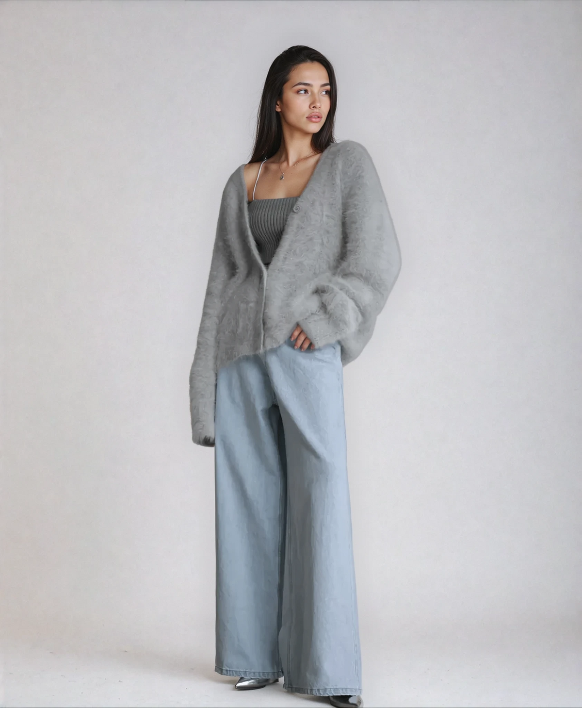 Undine Brushed Halo Knit V Neck Slouch Button Cardigan