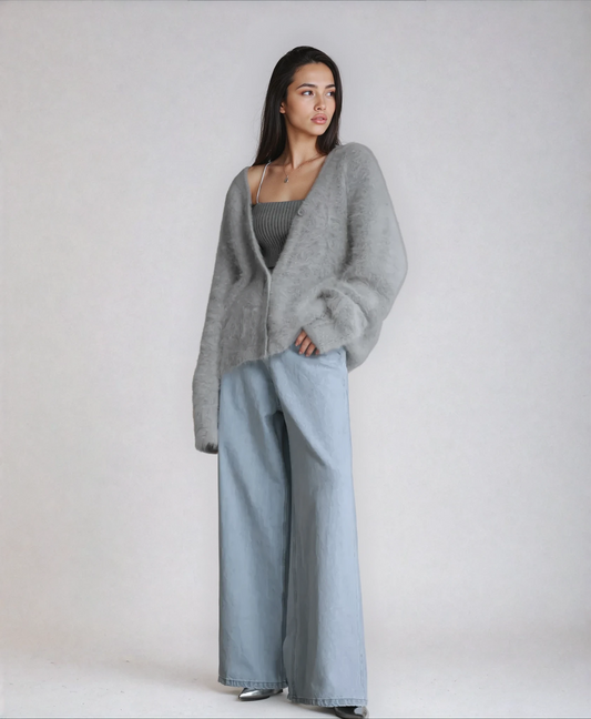 Undine Brushed Halo Knit V Neck Slouch Button Cardigan