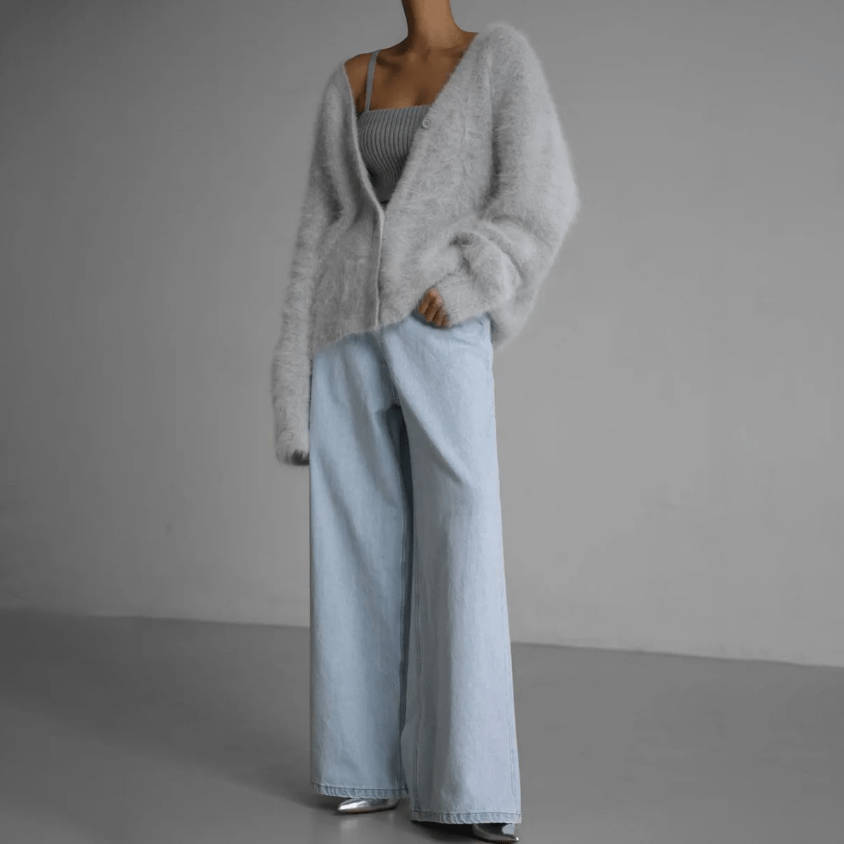 Undine Brushed Halo Knit V Neck Slouch Button Cardigan