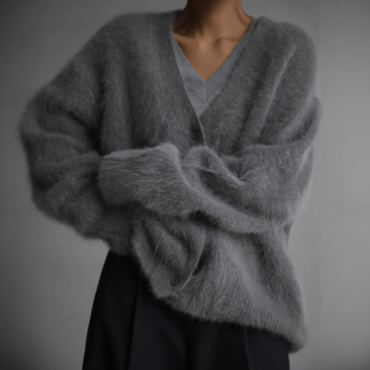Undine Brushed Halo Knit V Neck Slouch Button Cardigan - Dark Grey