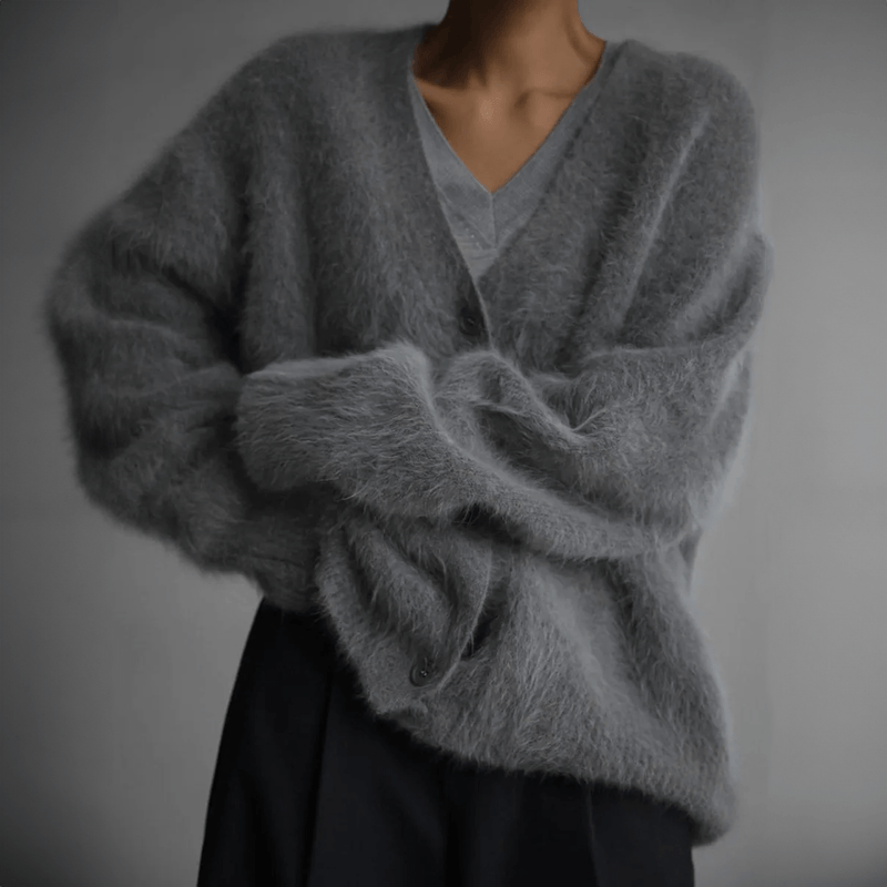 Undine Brushed Halo Knit V Neck Slouch Button Cardigan