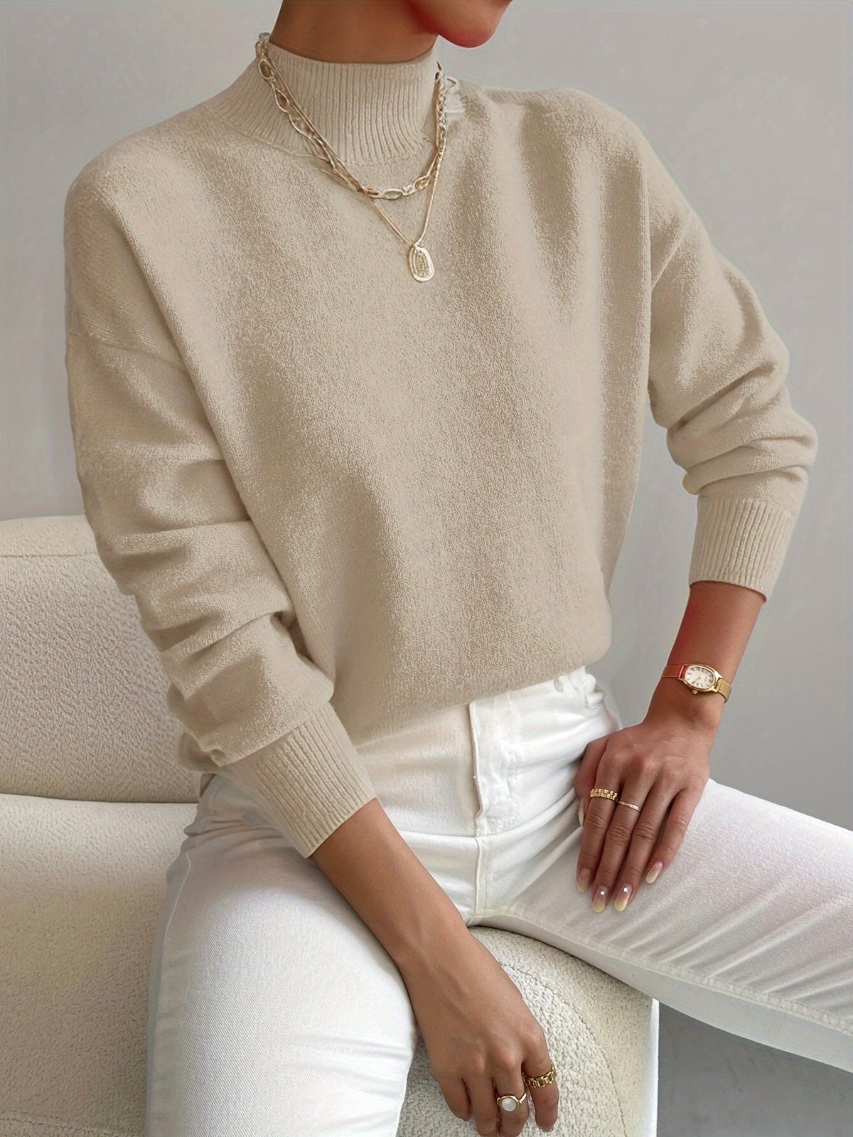 Flora Plain Fine Gauge Relaxed Crew Neck Knit Jumper - Beige