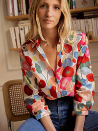 Adeline Painted Floral Print Button Through Blouson Sleeve Blouse