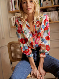 Adeline Painted Floral Print Button Through Blouson Sleeve Blouse