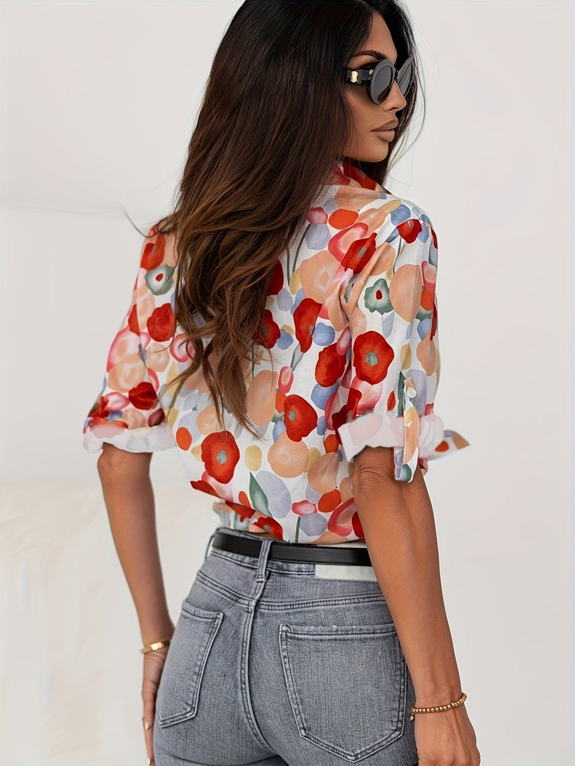 Adeline Painted Floral Print Button Through Blouson Sleeve Blouse
