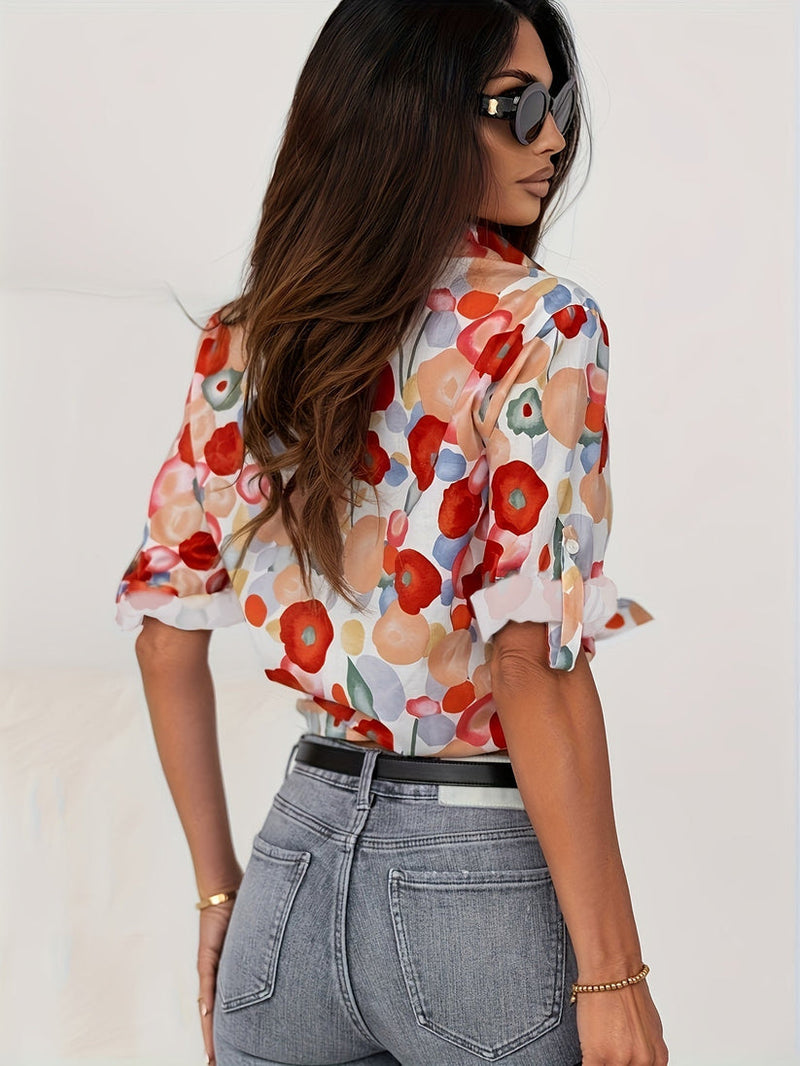 Adeline Painted Floral Print Button Through Blouson Sleeve Blouse