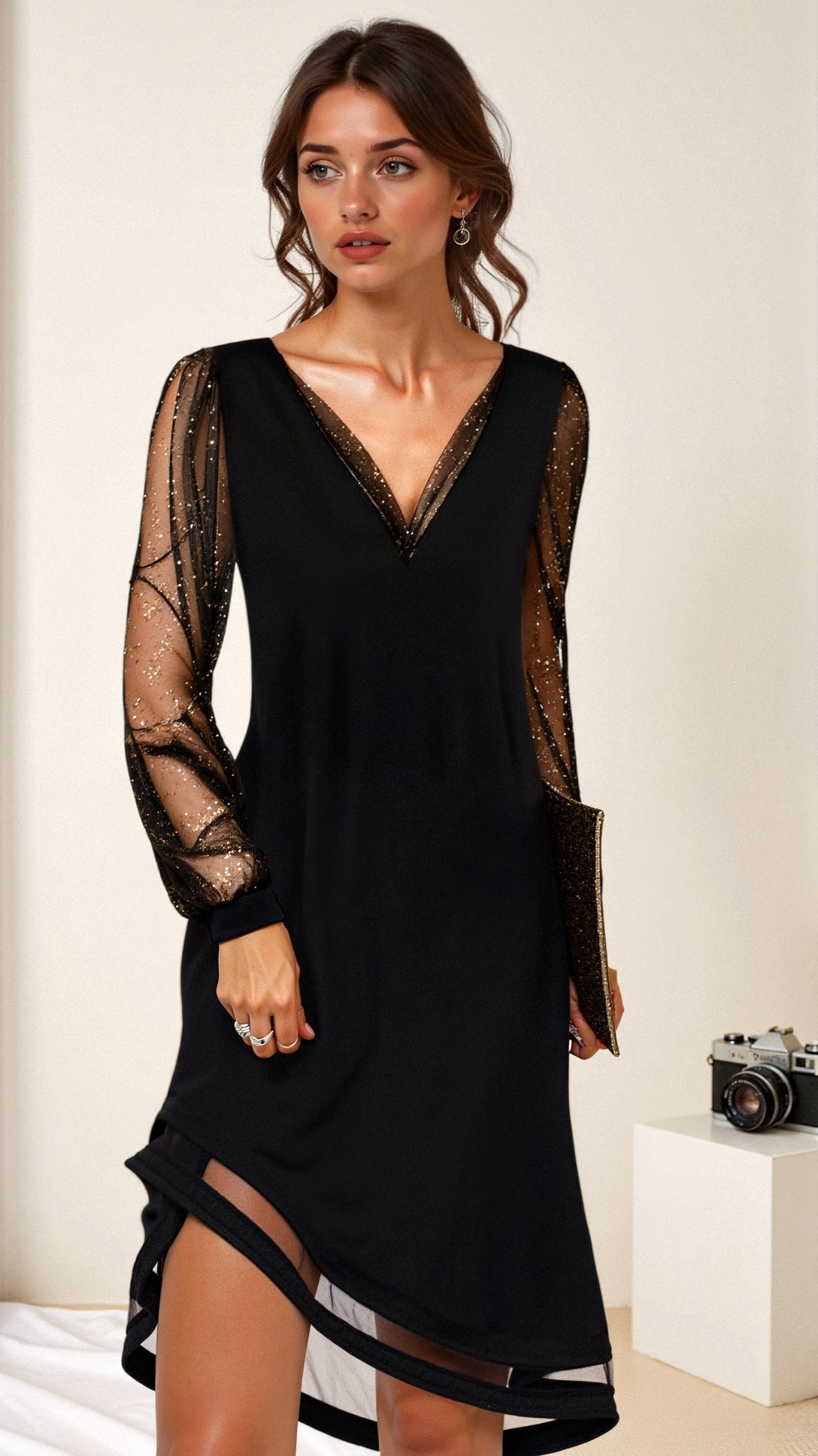 Rosine Sheer Lace Sleeve V Neck Asymmetric Hem Mini Dress - Black