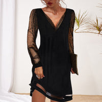 Rosine Sheer Lace Sleeve V Neck Asymmetric Hem Mini Dress
