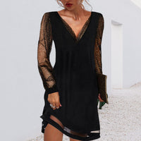 Rosine Sheer Lace Sleeve V Neck Asymmetric Hem Mini Dress