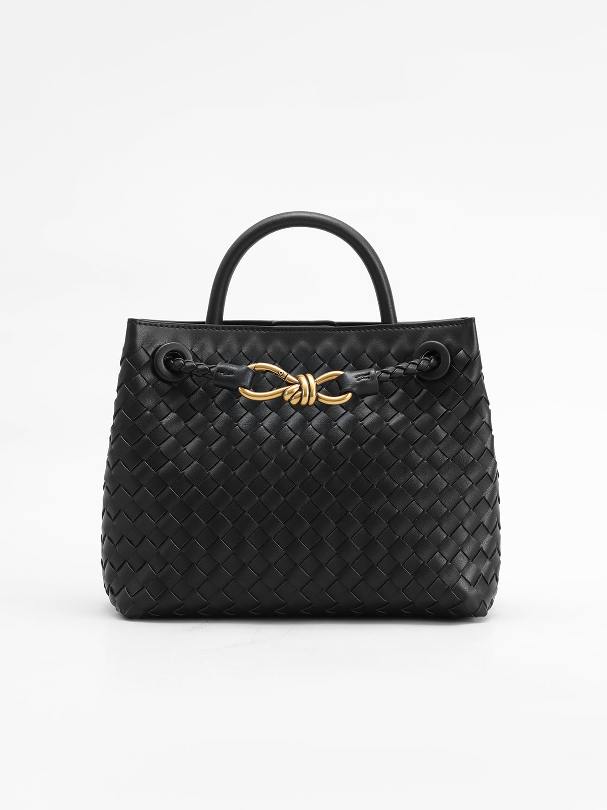 Poppy Woven Top Handle Knot Detail Structured Tote - Black