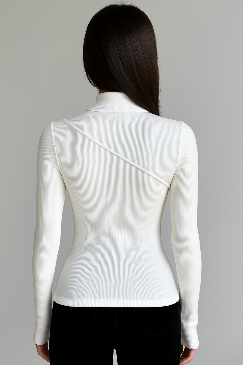 Aveline Diagonal Seam Fine Rib High Neck Fitted Knit Top