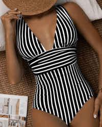 Liliane Striped Wrap Front Deep V Ruched Waist One Piece Swimsuit
