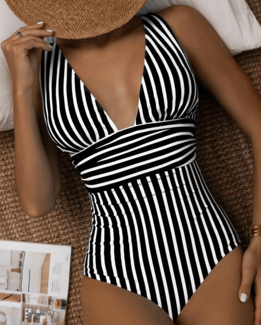 Liliane Striped Wrap Front Deep V Ruched Waist One Piece Swimsuit - Black