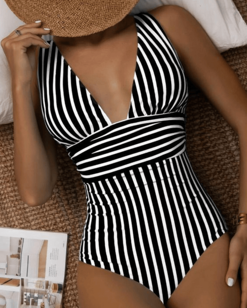 Liliane Striped Wrap Front Deep V Ruched Waist One Piece Swimsuit