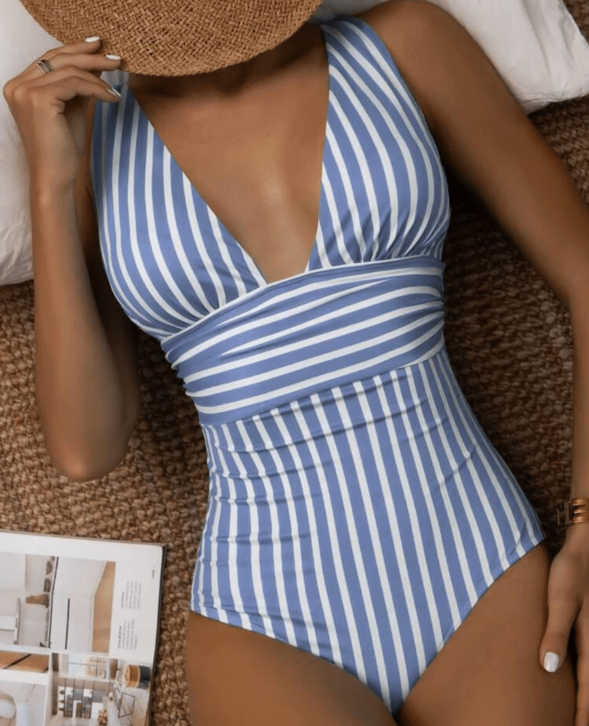 Liliane Striped Wrap Front Deep V Ruched Waist One Piece Swimsuit - Dark Blue