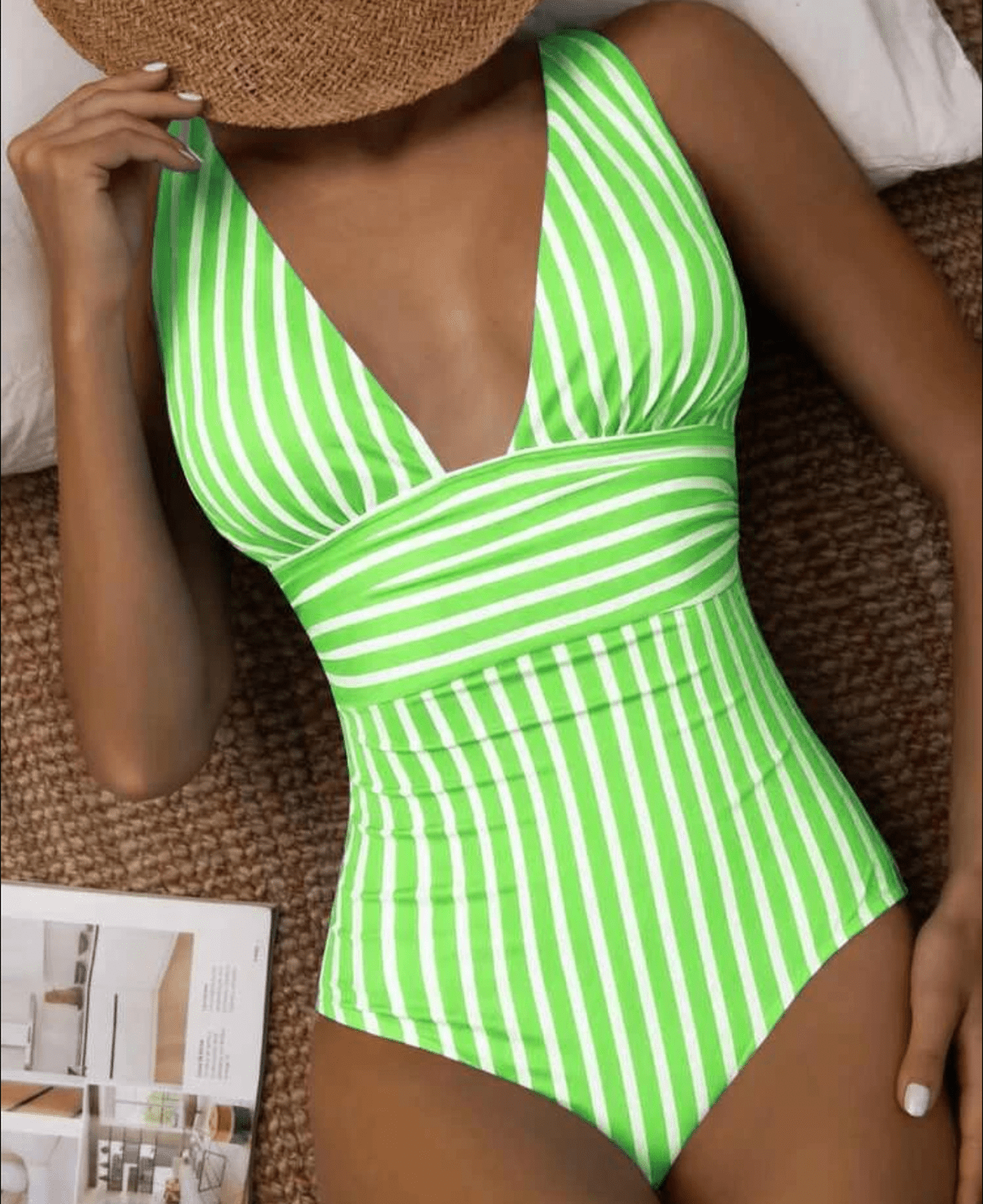 Liliane Striped Wrap Front Deep V Ruched Waist One Piece Swimsuit