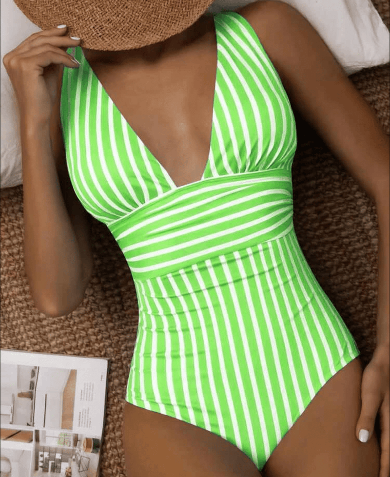 Liliane Striped Wrap Front Deep V Ruched Waist One Piece Swimsuit