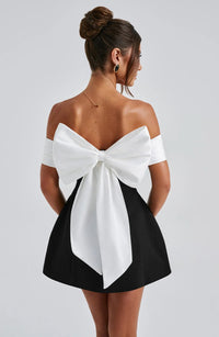 Sylvaine Contrast Bow Back Off Shoulder Structured Mini Dress