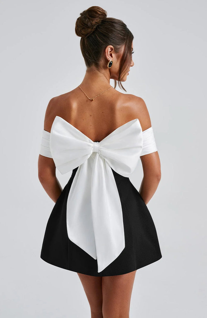 Sylvaine Contrast Bow Back Off Shoulder Structured Mini Dress