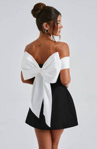 Sylvaine Contrast Bow Back Off Shoulder Structured Mini Dress