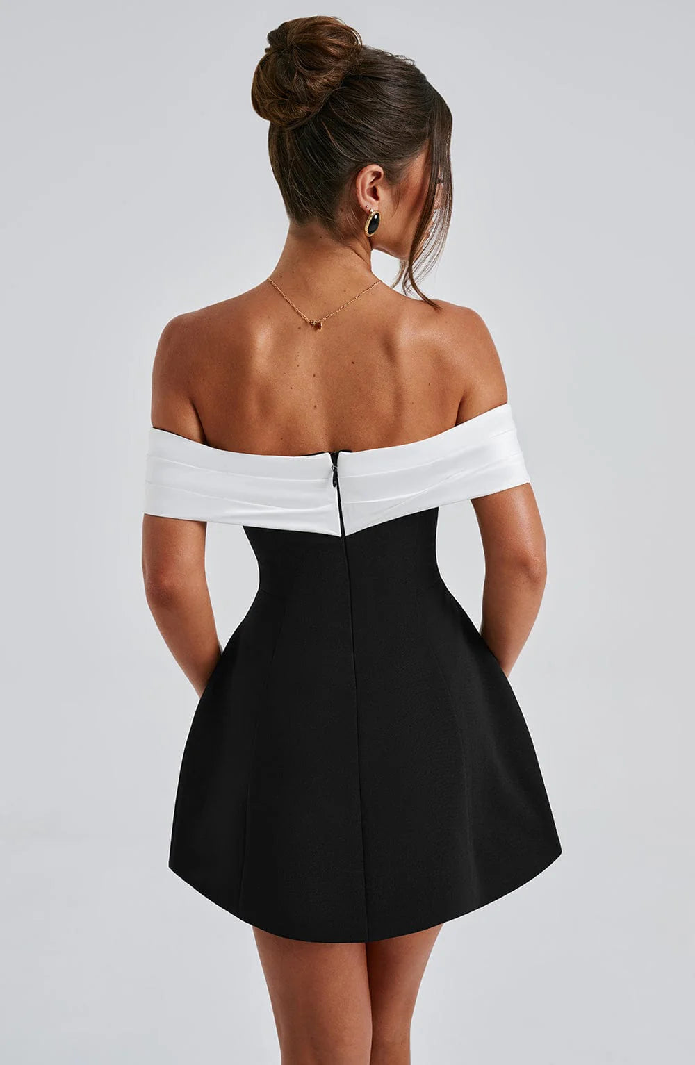 Sylvaine Contrast Bow Back Off Shoulder Structured Mini Dress