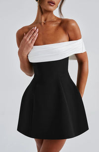 Sylvaine Contrast Bow Back Off Shoulder Structured Mini Dress