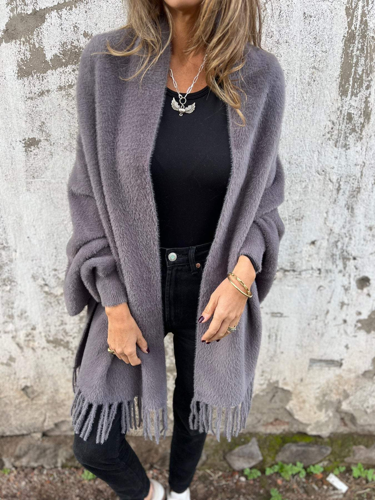 Yolanda Fringed Hem Brushed Longline Open Wrap Cardigan - Grey